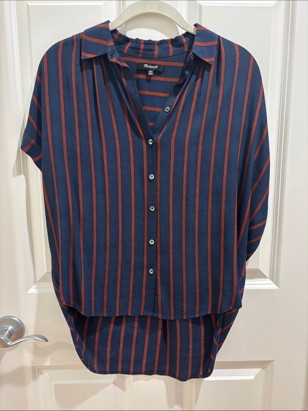 Madewell Navy and Rust-Striped Button Front Shirt - oversized style